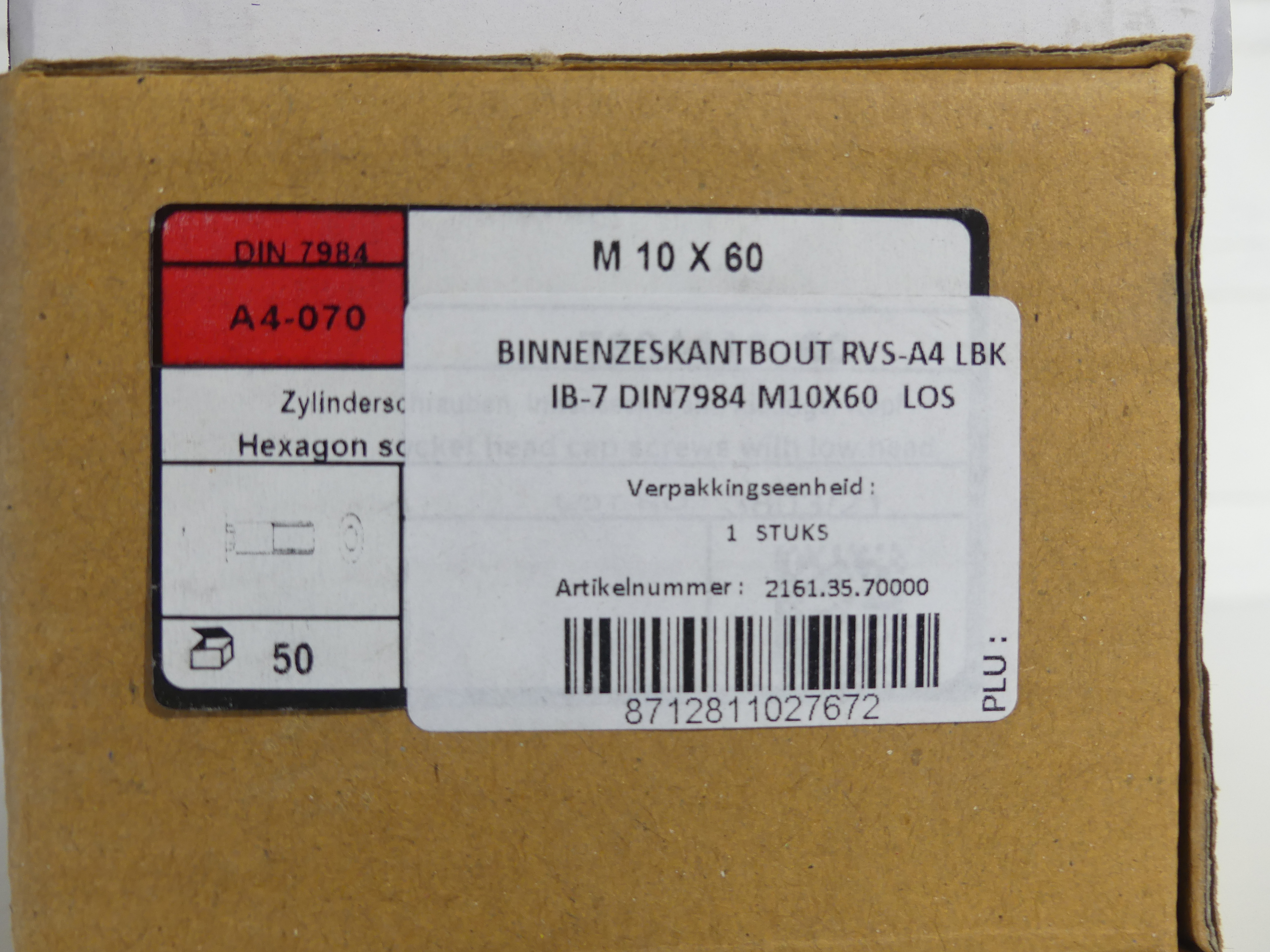 2x 50 Binnenzeskantbouten laagbolkop M10x60, RVS A4 DIN7984    