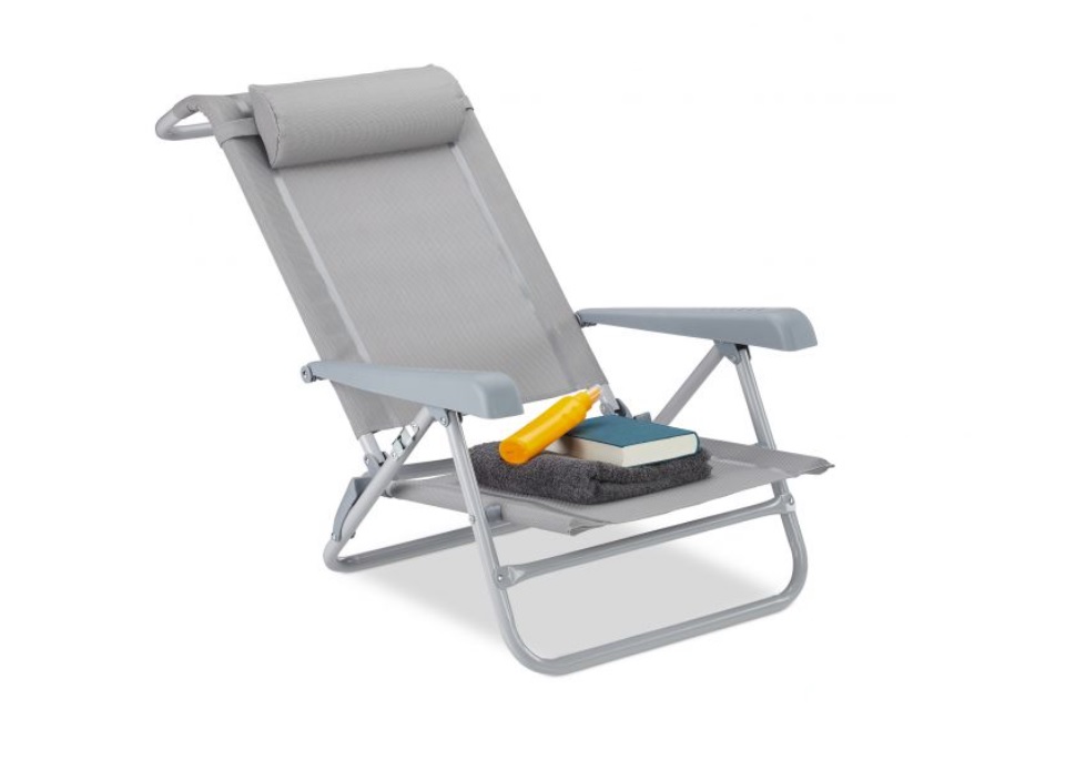 Strandstoel met hoofdsteun en armleuningen grijs