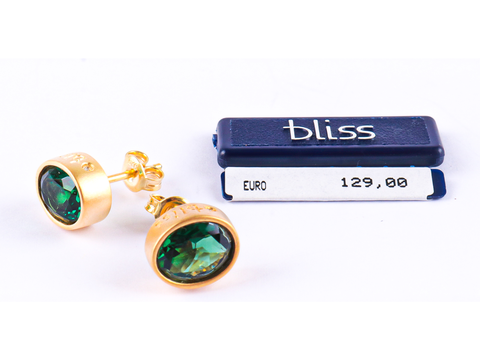 Bliss zilveren oorbellen goudkleurig of goudverguld met groene steen en kleine diamantjes