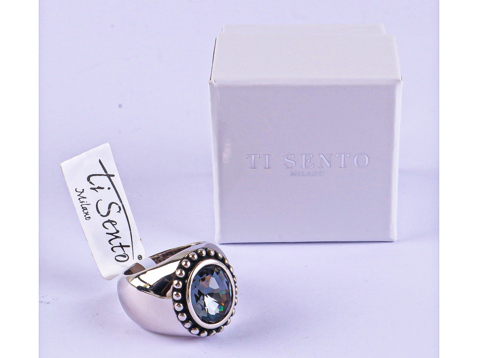 Ti Sento zilveren ring met grote grijze steen, maat 54