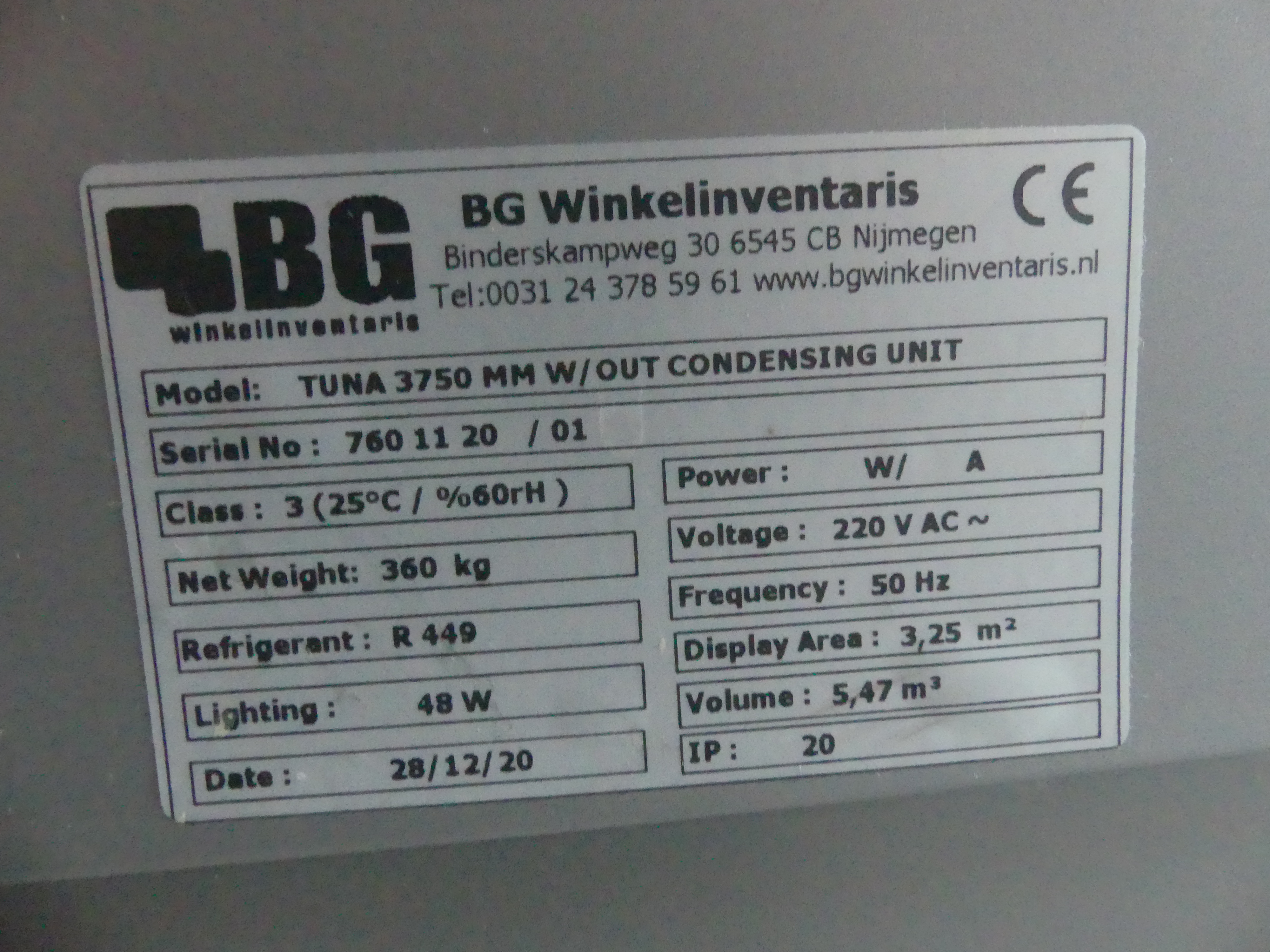 BG koeltoonbank Tuna 3750 MM W/ out condensing unit, 7,6 meter, 2020