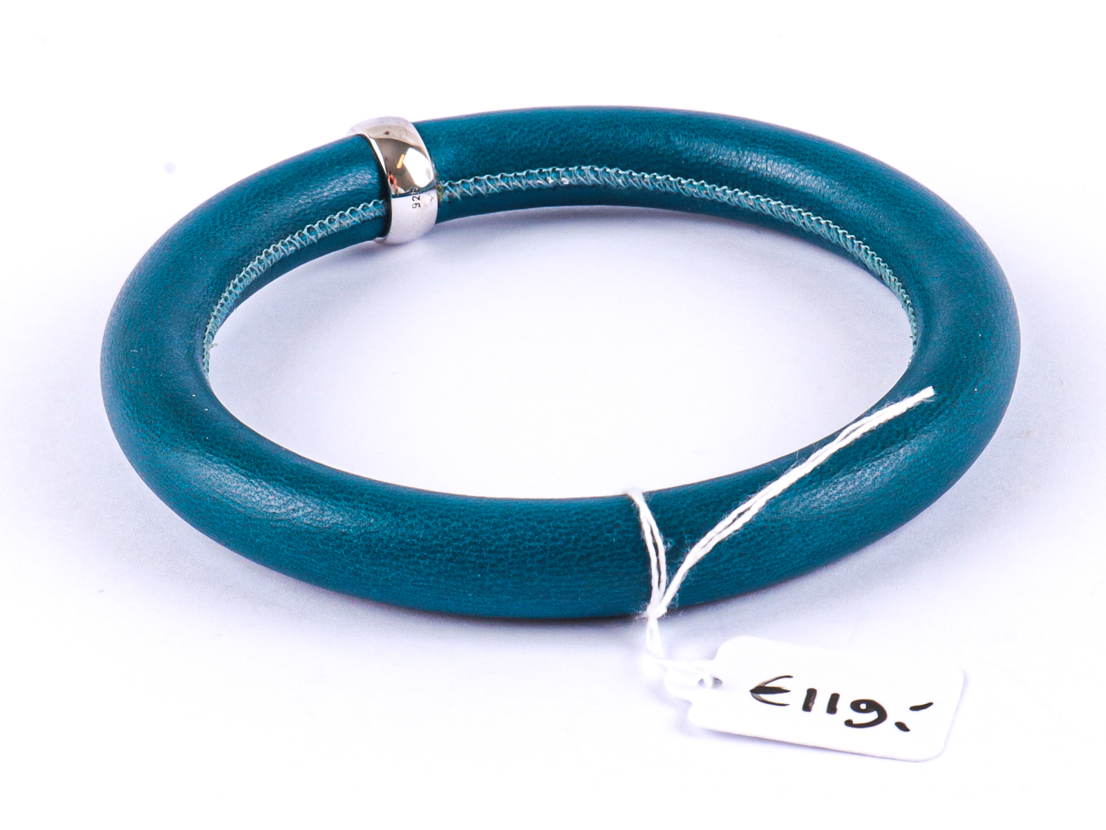 Ti Sento Turquoise kleurige armband leer met zilveren rondje gerhodineerd, 6,3 cm