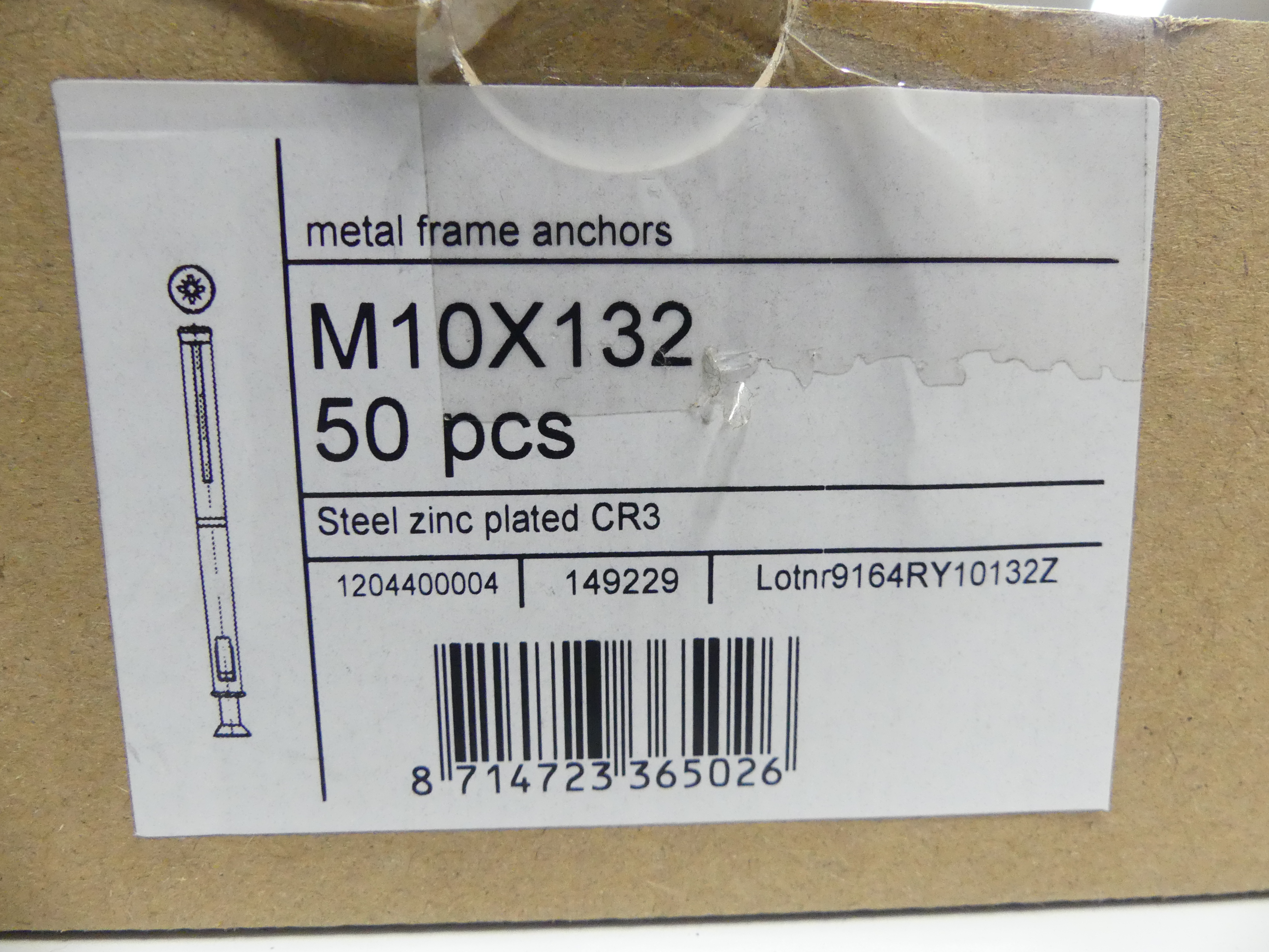 1x 50 stuks metalen kozijnankers M10x132 verzinkt 