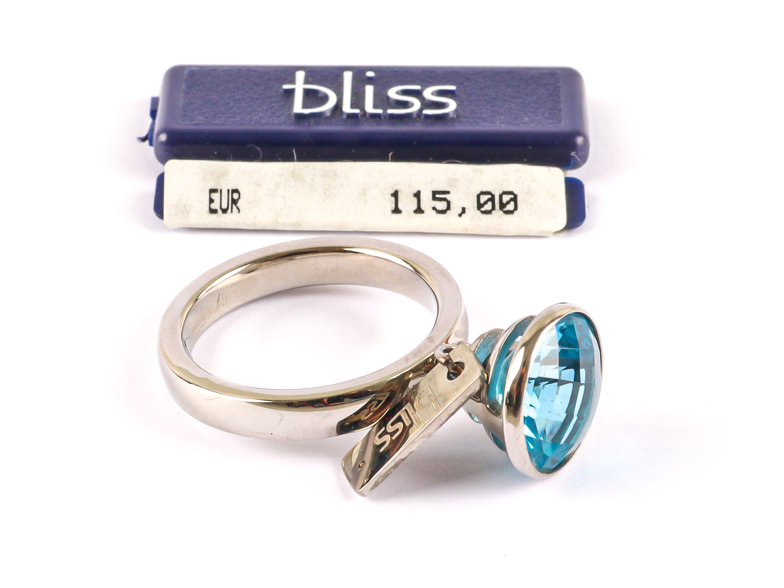 Bliss stalen ring met een blauwe steen en heel klein diamantje, maat 16