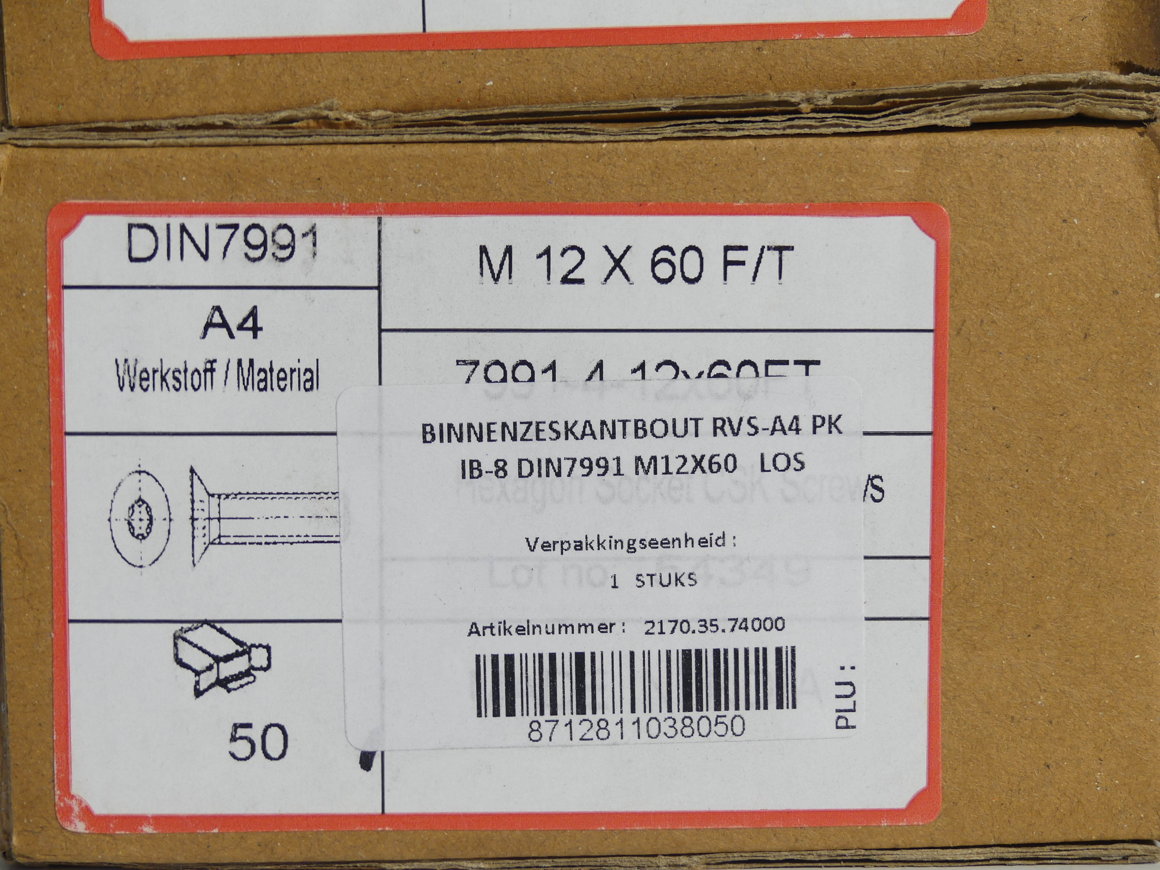 2x 50 Binnenzeskantbouten platkop M12x60, RVS A4 DIN7991